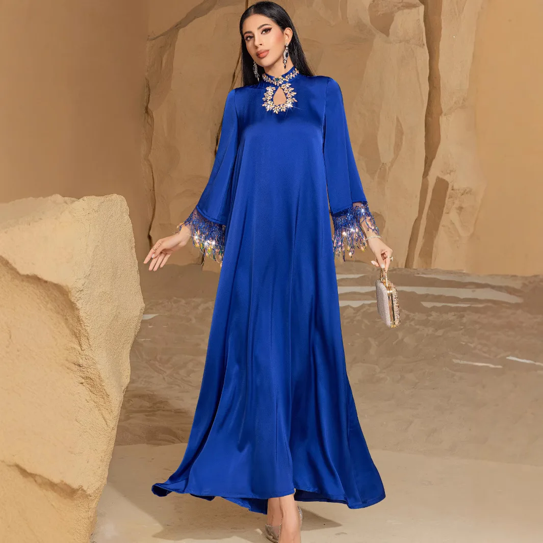 Luxe Satin diamants Abaya Jalabiya dubaï caftan Robe musulmane pour les femmes Eid Djellaba Ramadan Islam vêtements Robe Kebaya Robe