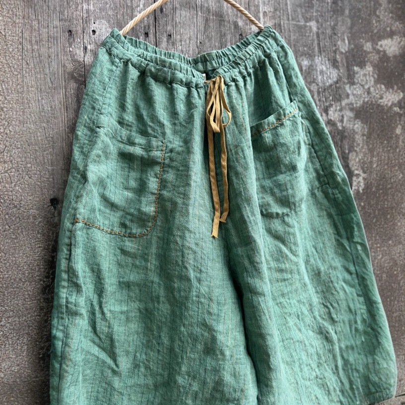 Pantalon en lin rayé pour femme, jambes larges, Style Vintage, ample, poches, respirant, vêtements décontractés, automne 2025