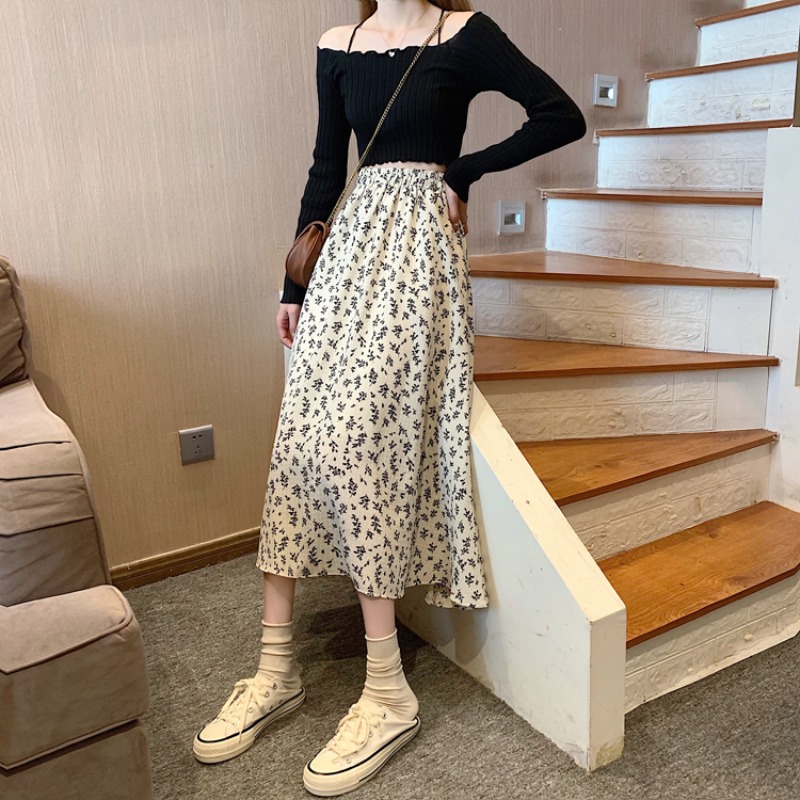 Jupe décontractée printemps-été pour femme, jupe trapèze tendance, jupe en mousseline imprimée florale vintage, jupe midi taille haute élastique