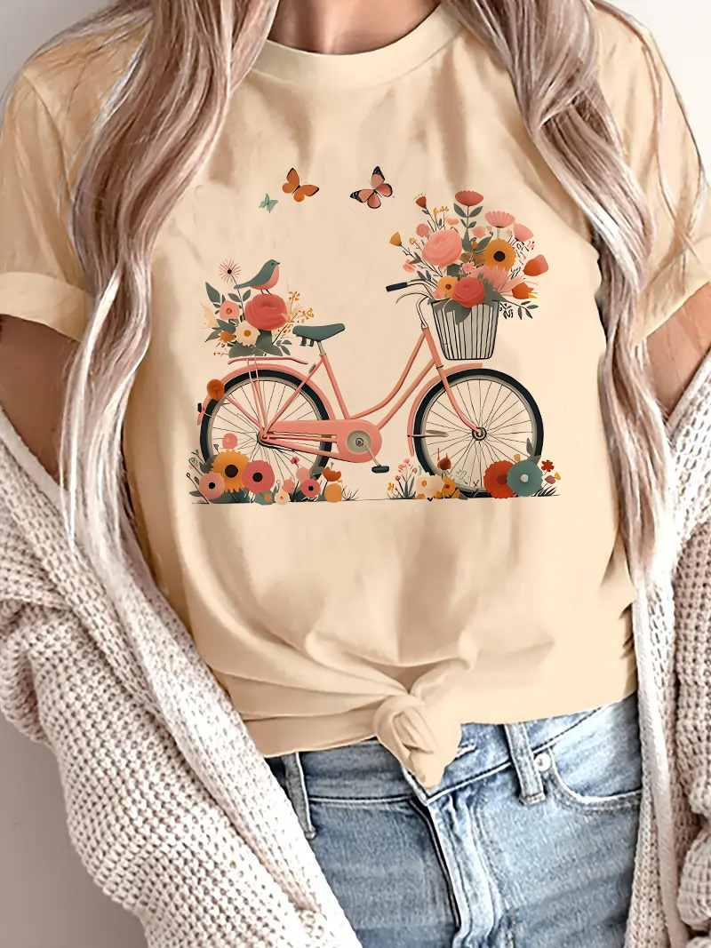 Papillon Floral avec vélo imprimé T-Shirt style décontracté imprimé graphique col rond T-Shirt printemps été