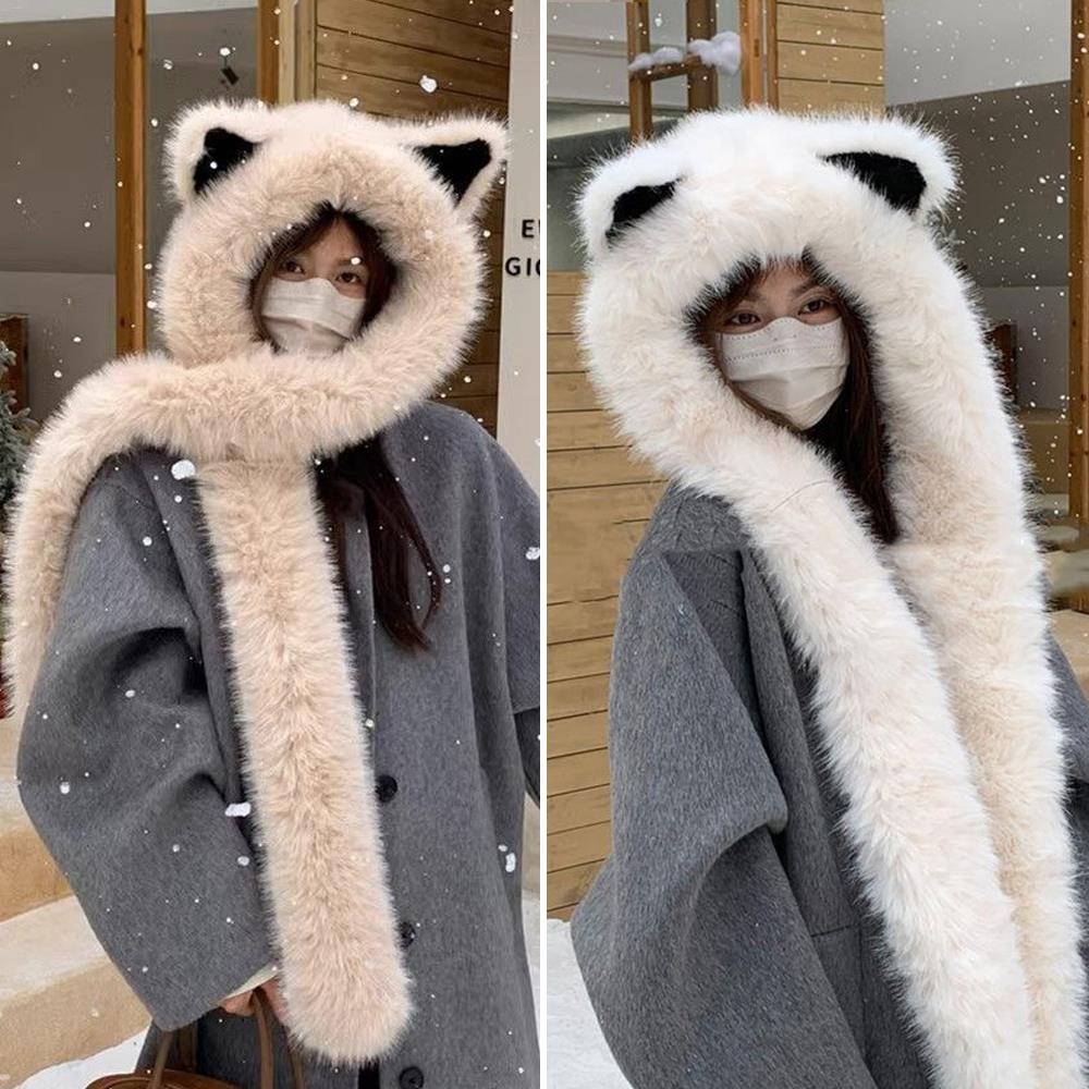 Mignon renard oreille moelleux chapeau écharpe chaud épais en peluche à capuche écharpe pour les femmes hiver coupe-vent Protection oreille chapeau Lei Feng chapeaux