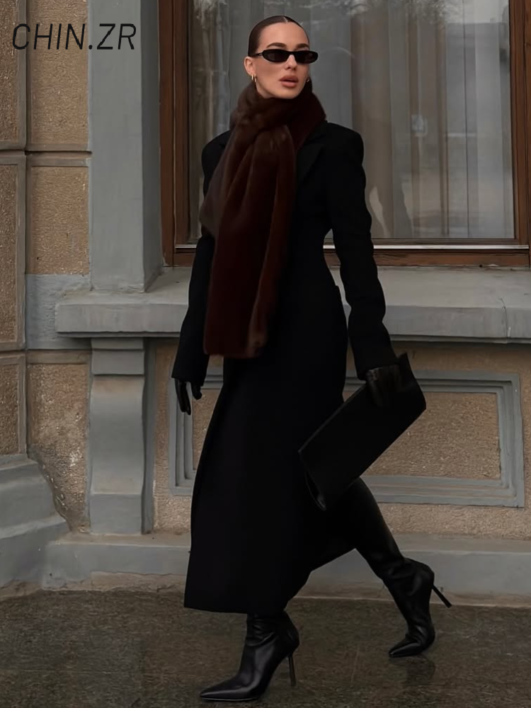 Manteau en laine à col châle pour femme, élégant, avec ceinture, ample, manches longues, poches, automne-hiver, vêtements d'extérieur chics pour les déplacements, 2025