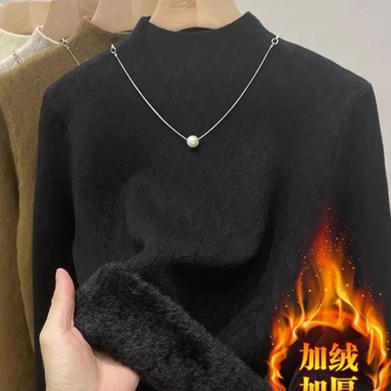 Pull pour femmes hiver peluche velours doublé épaissir demi col roulé respectueux de la peau Jacquard rayures pull thermique hauts pull