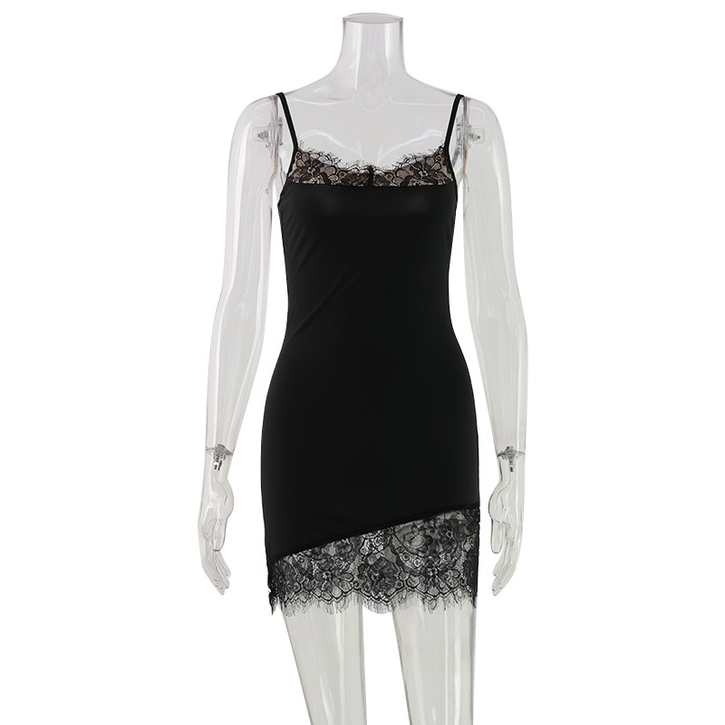 Robes en dentelle patchwork pour femmes, mode sexy, couleur unie, sans manches, coupe irrégulière, mini-vestidos, robe de soirée, tenue de club