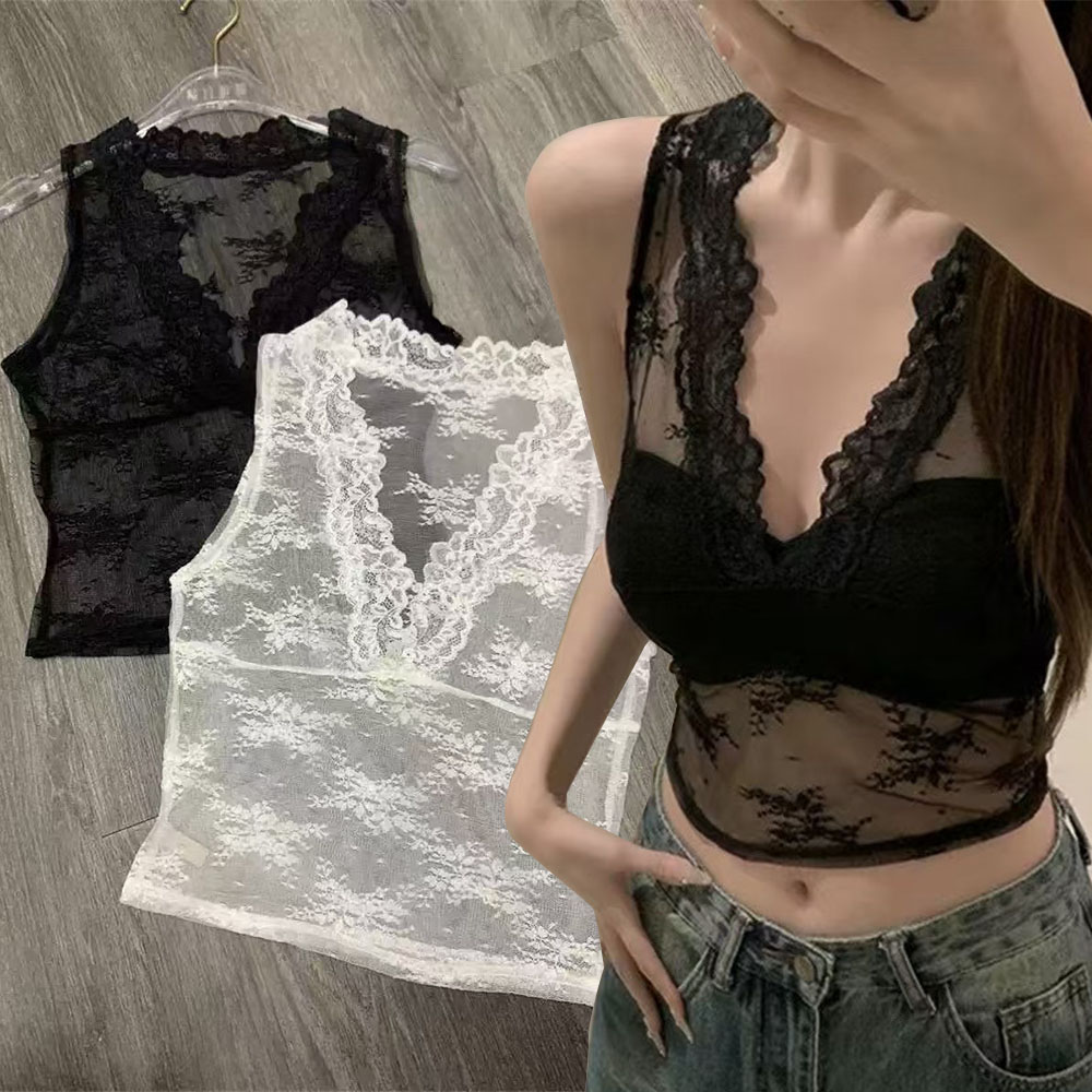 Nouveaux débardeurs en dentelle pour femmes, débardeur d'été sexy, camisole transparente en dentelle florale, crop top transparent, t-shirts sans manches Y2K
