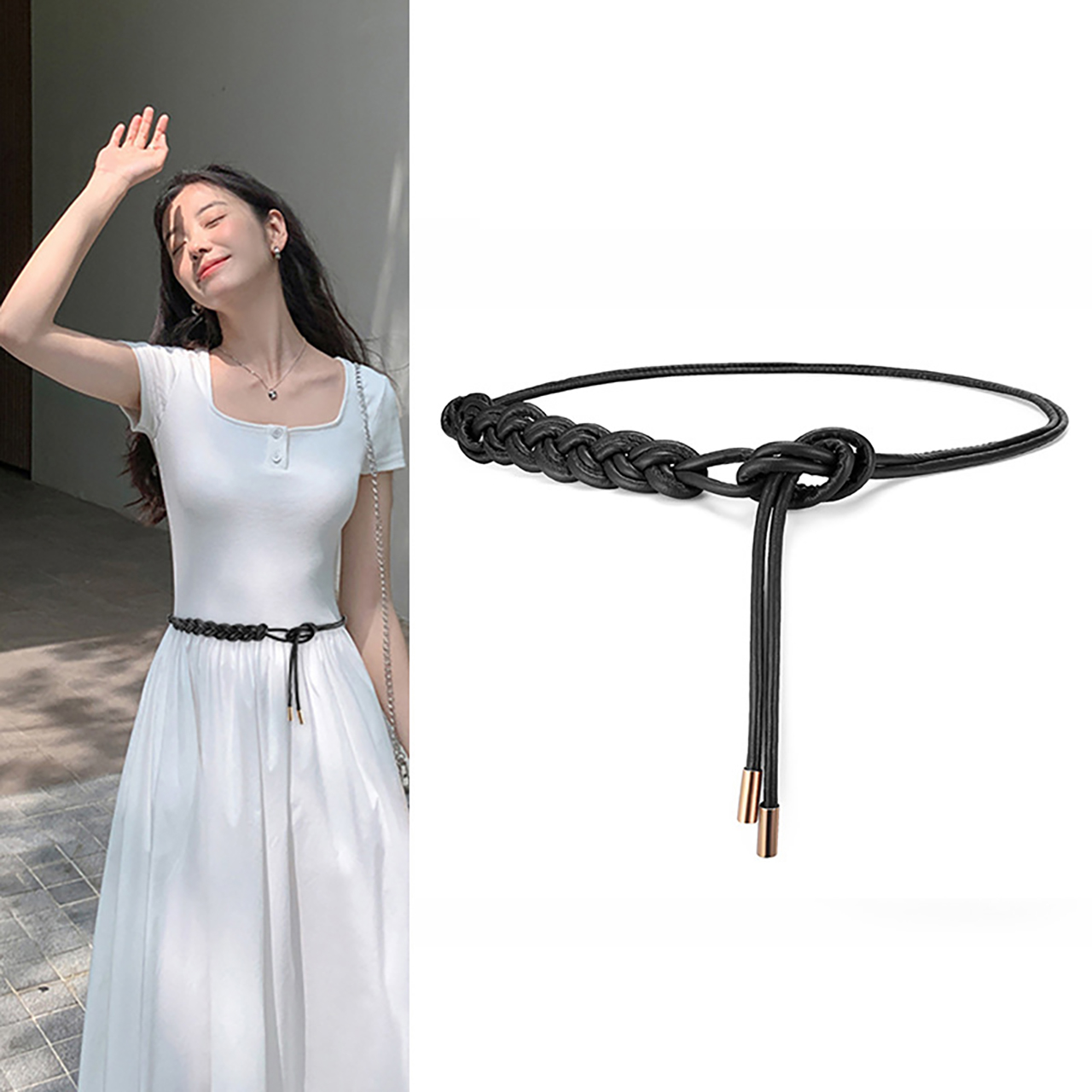 Ceinture longue nouée pour femme, en cuir tressé, fine, pour robe ou manteau, ceinture décorative