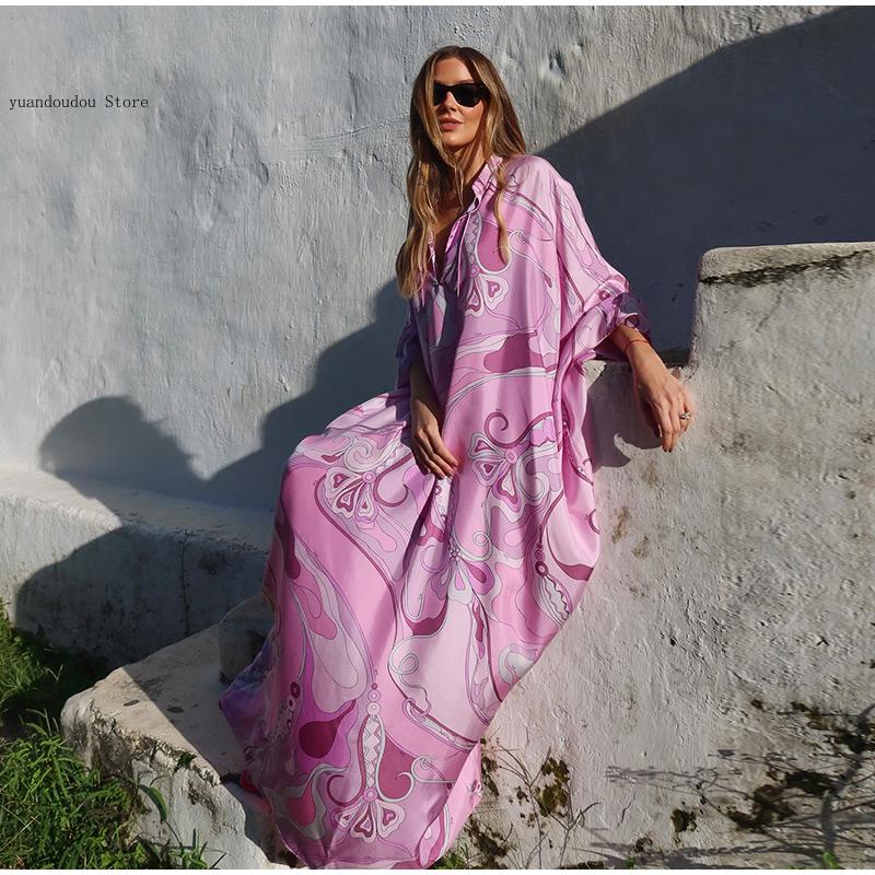 Robe longue surdimensionnée pour femmes, tenue de plage, vacances, Kaftan imprimé, Maxi, avec motif, coupe ample, manches longues, été
