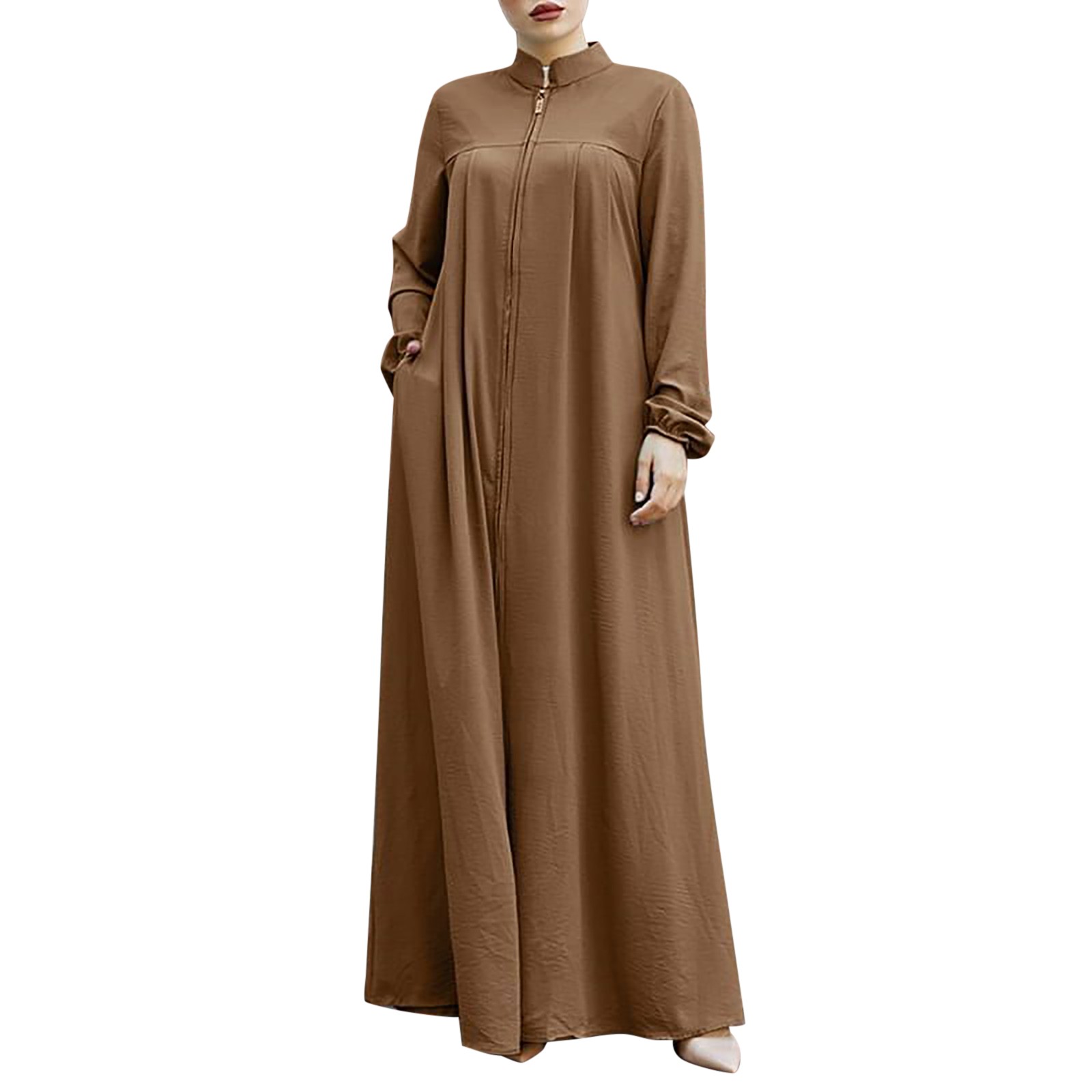 Abayas surdimensionnées pour femmes, robe musulmane avec fermeture éclair sur le devant, avec poches, col montant, vêtements islamiques solides, Jilbab ample