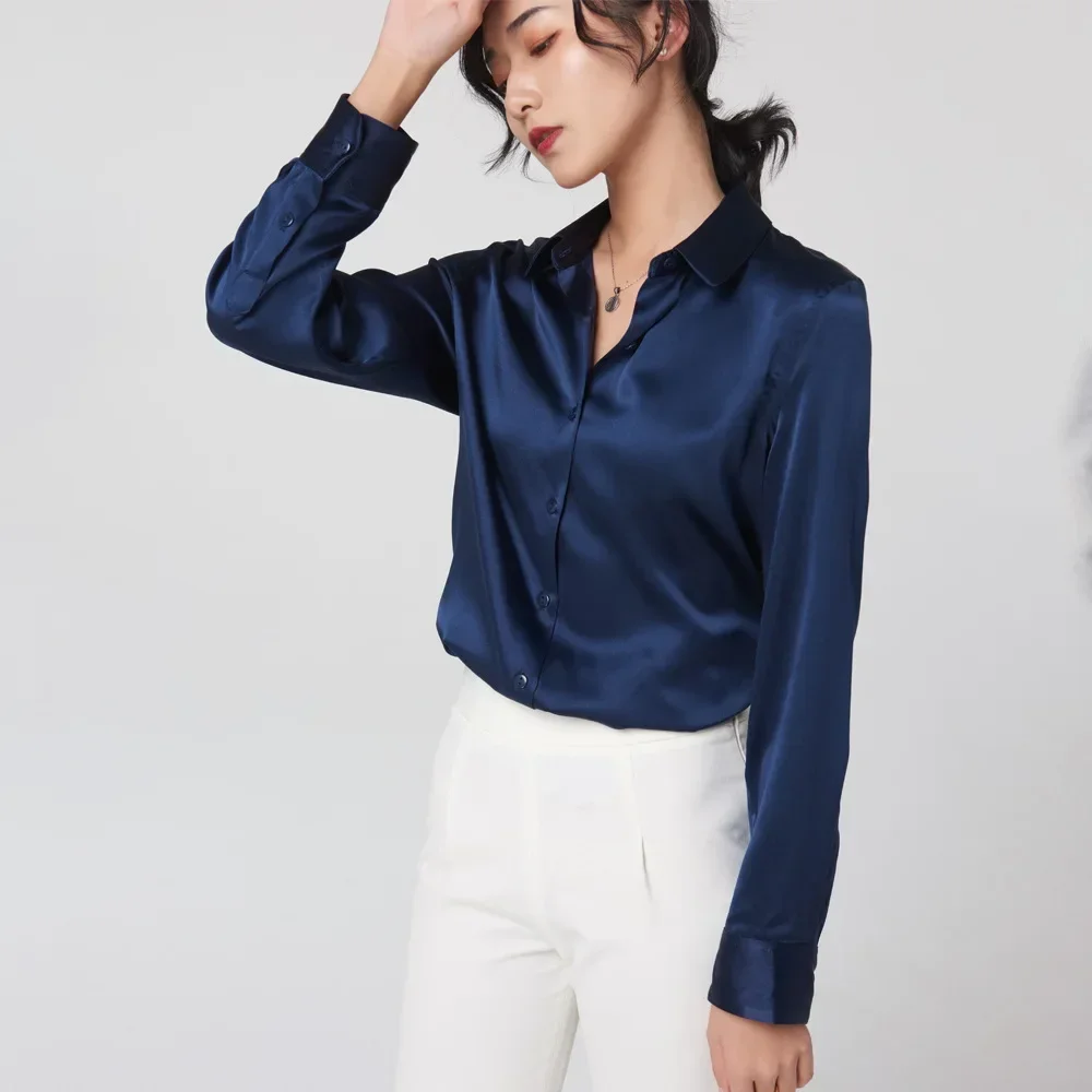 Chemise en soie pour femme, chemisier en Satin à manches longues, chemisier en soie de mûrier de 19mm, chemise ample et polyvalente, 95% soie naturelle + 5% élasthanne