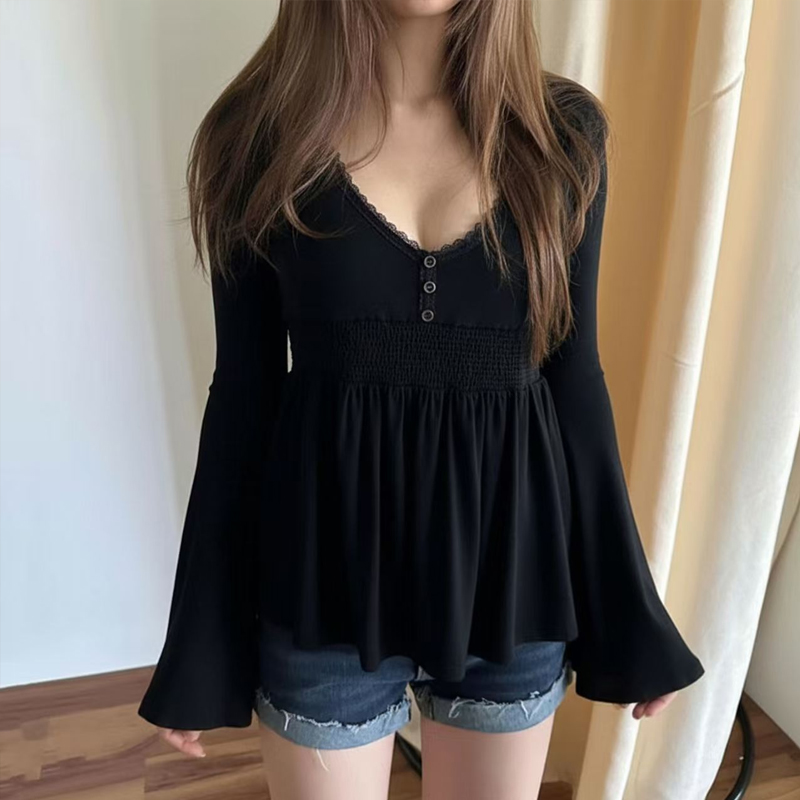 Chemisier pour femme, vêtements pour femme été automne, tunique élégante Y2k, chemisiers et chemises magnifiques, haut vintage noir à manches longues pour femme