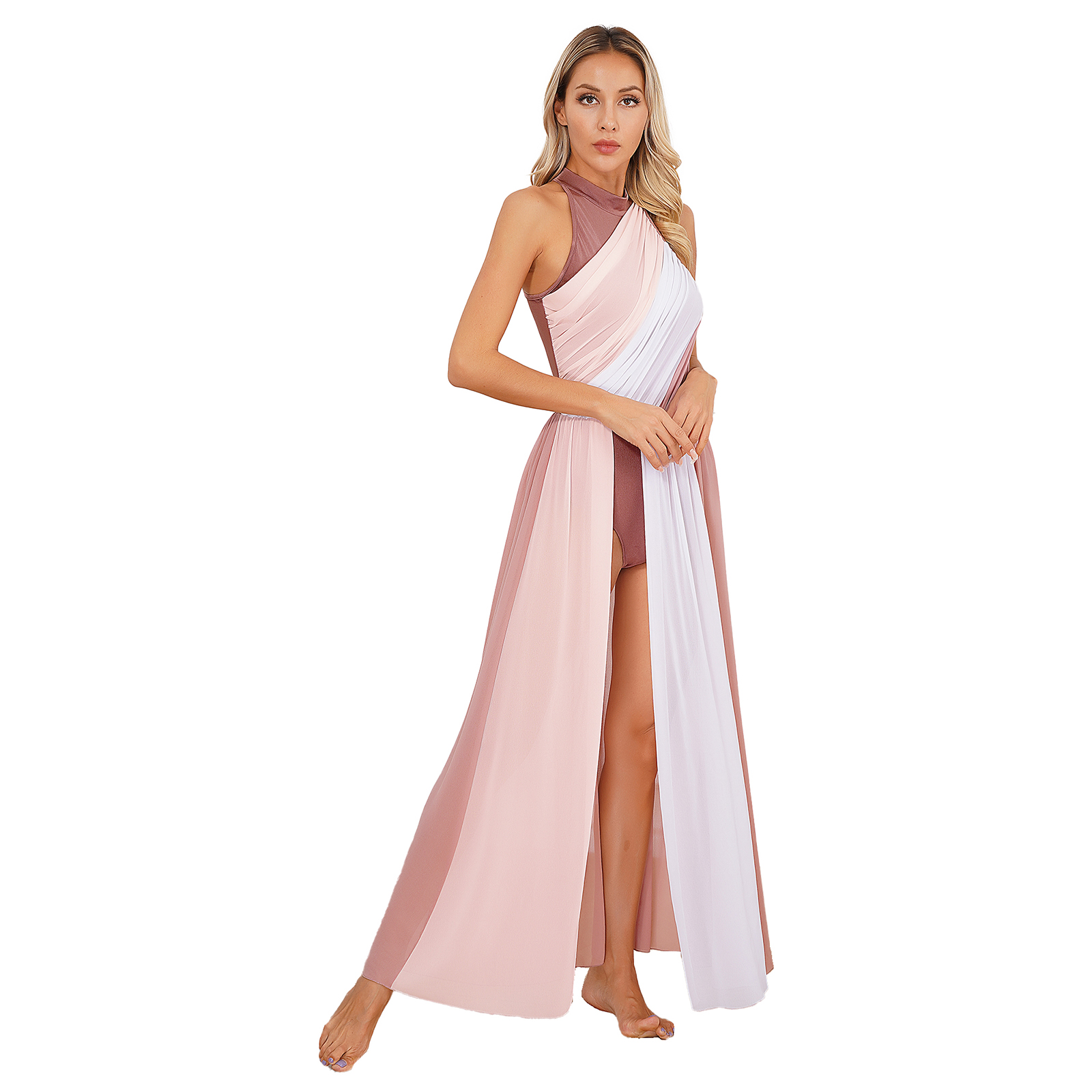 Robe de danse lyrique moderne pour femmes, justaucorps de gymnastique de Ballet, sans manches, fendue, transparente, vêtements de danse contemporains pour spectacle sur scène