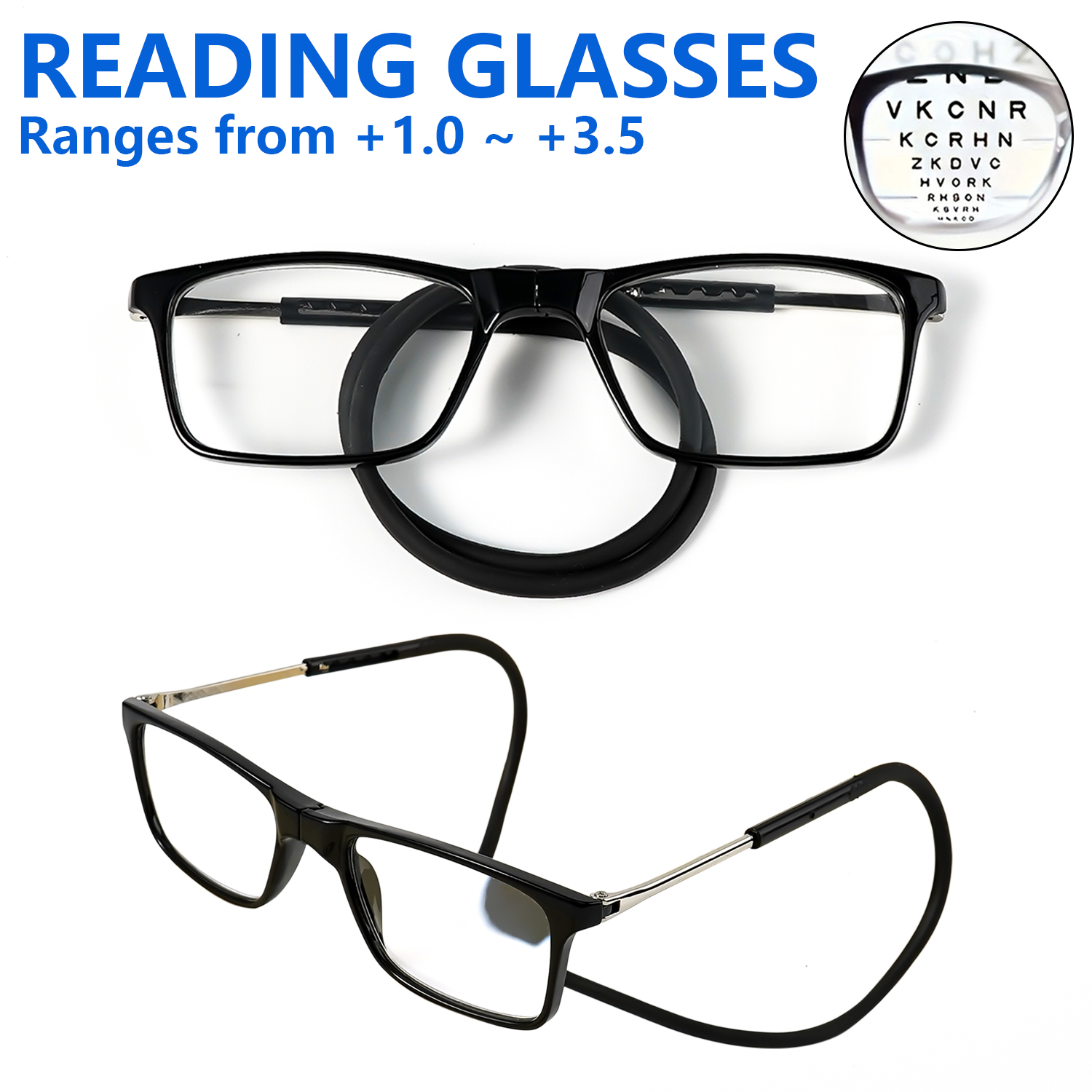 Lunettes de lecture magnétiques chics pour femmes et hommes - Sangle de cou facile à transporter, ajustement réglable, monture rectangulaire pour tous les types de visages