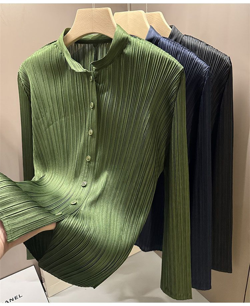 Nouvelles chemises et chemisiers mode Advanced Sense col montant Cardigan printemps plissé à manches longues simple boutonnage chemise femme