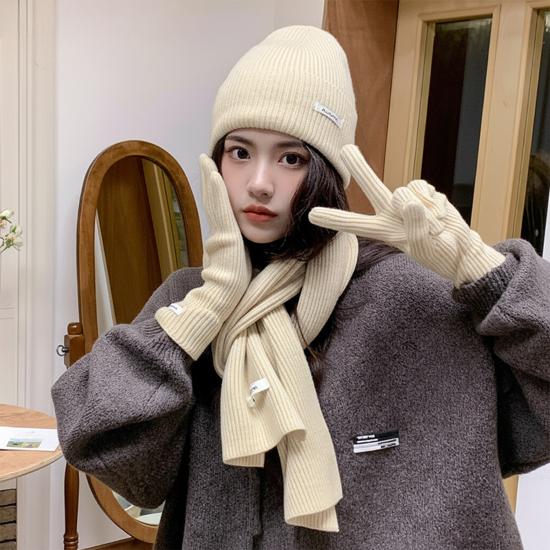 Hiver laine tricoté chapeau écharpe femmes écharpe gants ensemble confortable doux décontracté cachemire chaud chapeau en plein air coupe-vent casquette d'équitation ensemble