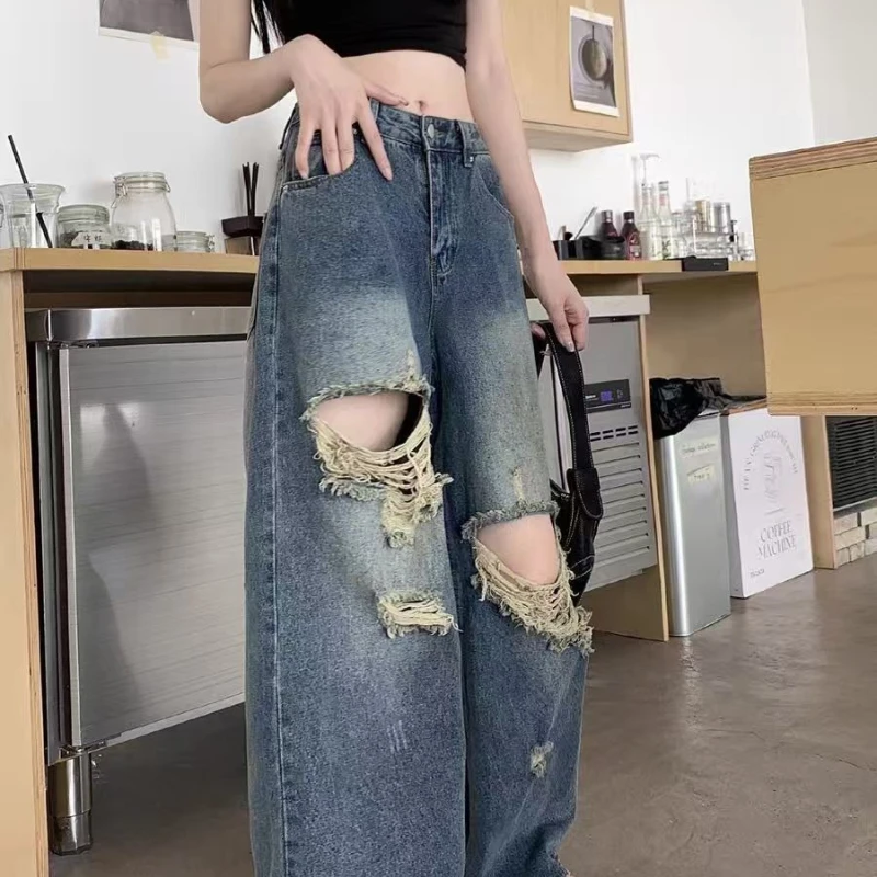 Pantalon en Denim décontracté femmes jean Vintage pantalon droit automne printemps mode femme bleu pantalon à jambes larges trou jean
