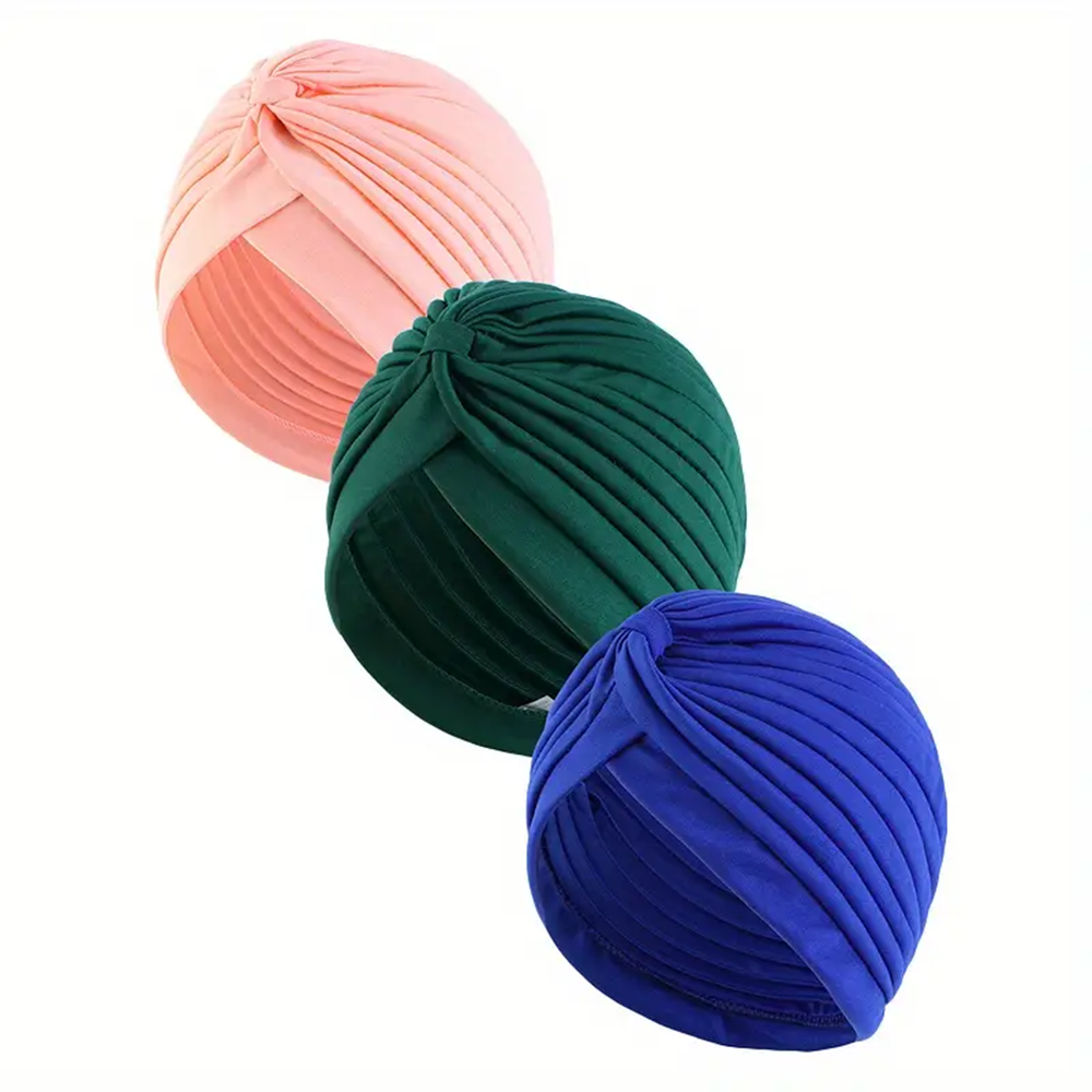 Lot de 3 bonnets turban torsadés élastiques pour femmes, hijab musulman, couleur unie, extensible, doux, pour chimiothérapie