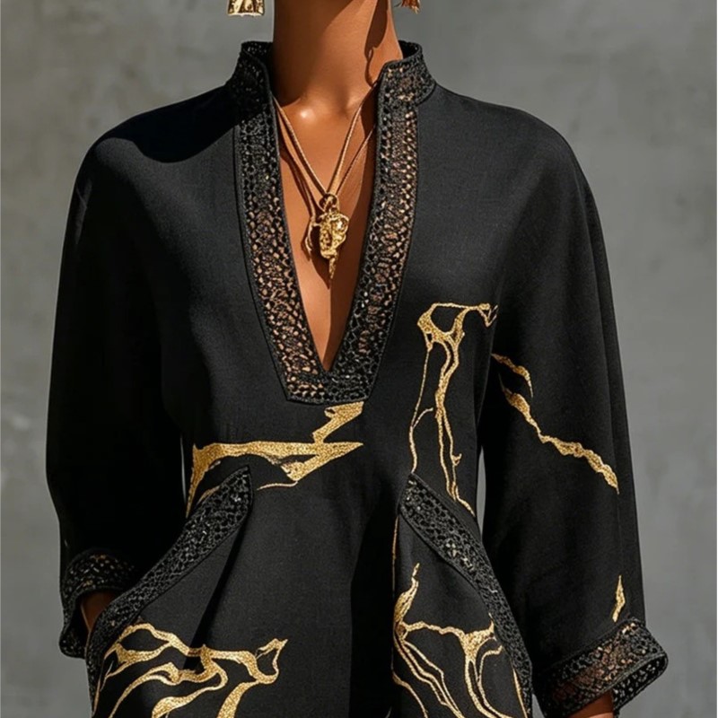 Robe courte bohème à imprimé abstrait pour femme, col en V évidé, manches 3/4, tunique ample, robe de vacances avec poches
