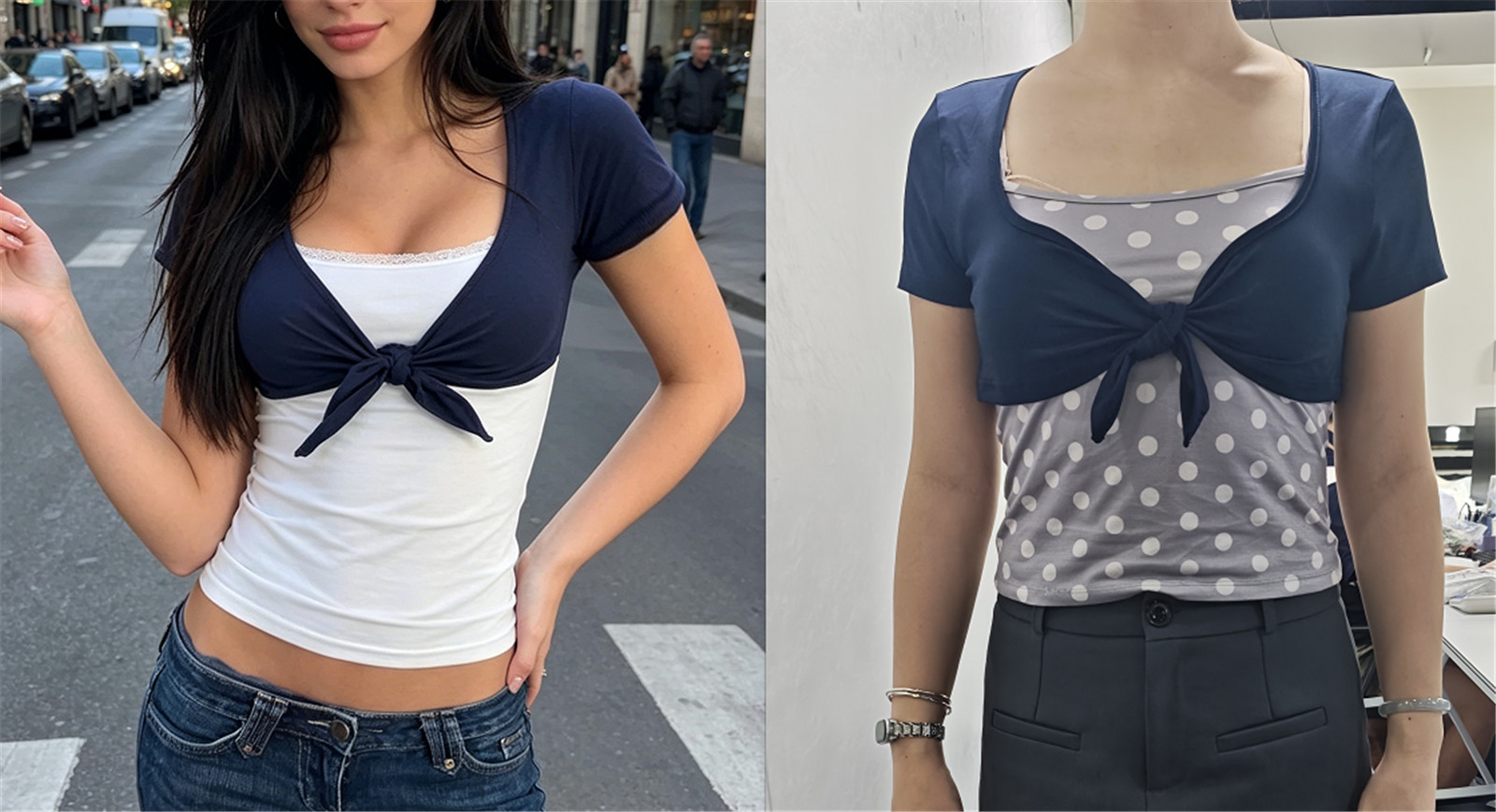 Haut court à col en V pour femme, style camisole, manches courtes, à nouer devant, coupe ajustée, couleur unie bleu marine et blanc, idéal pour l'été