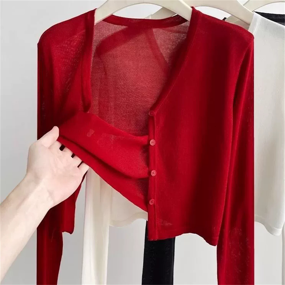 2026 Vêtements coréens pour femmes, Manteau court d'été en soie glacée, protection contre la climatisation, col en V, mode féminine