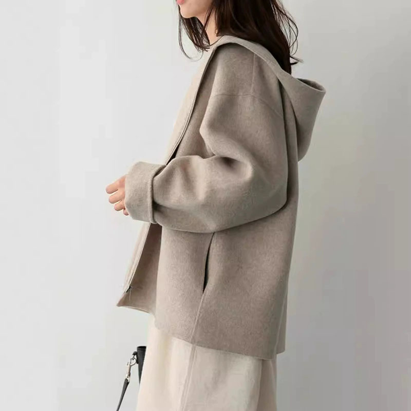Manteaux en laine mélangée à capuche pour femmes, nouvelle collection automne-hiver 2026, vêtements d'extérieur décontractés à fermeture éclair, veste vintage simple à manches longues pour femme.