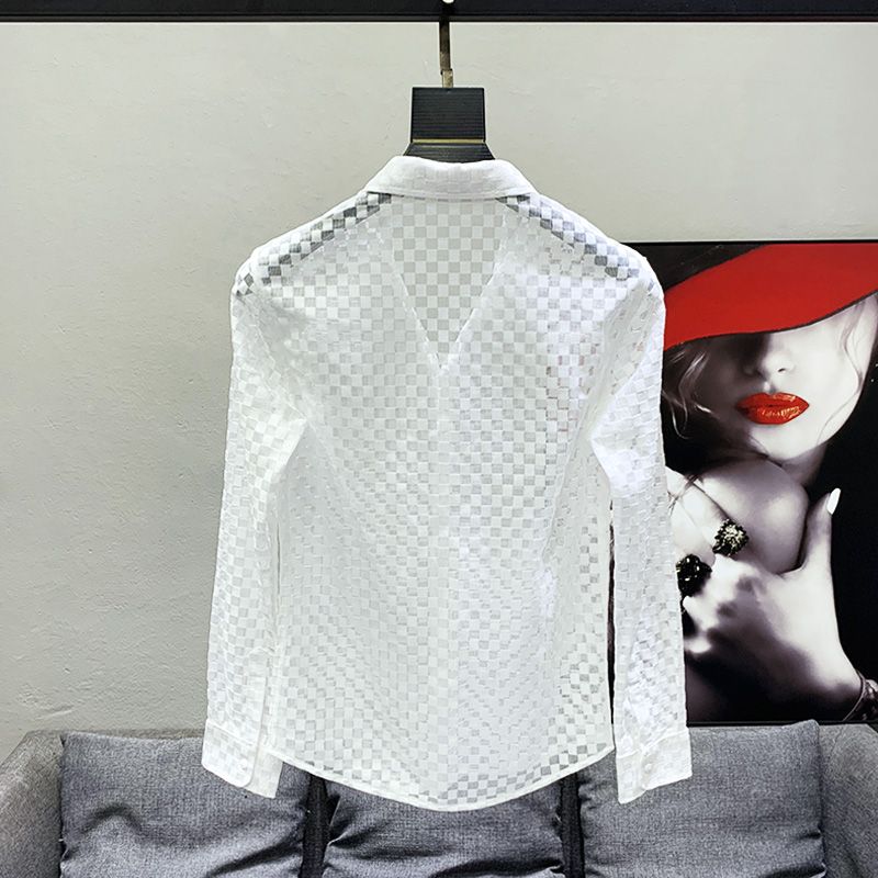 Chemises noires et blanches pour hommes, chemises à manches longues, Design transparent, fine, ajourée, à carreaux, maille fine, dessus respirants, tendance de la mode