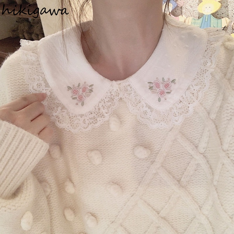 Chemises en coton avec broderie florale en dentelle pour femmes, chemisiers à col claudine, manches longues, vêtements doux, 2025