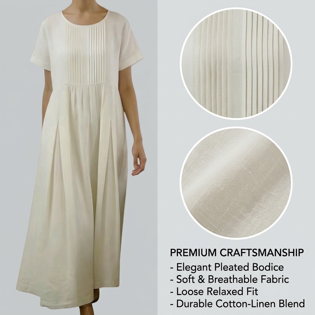 Robe en coton et lin pour femmes, plissée, couleur unie, manches courtes, décontractée, mi-longue, style pull-over.