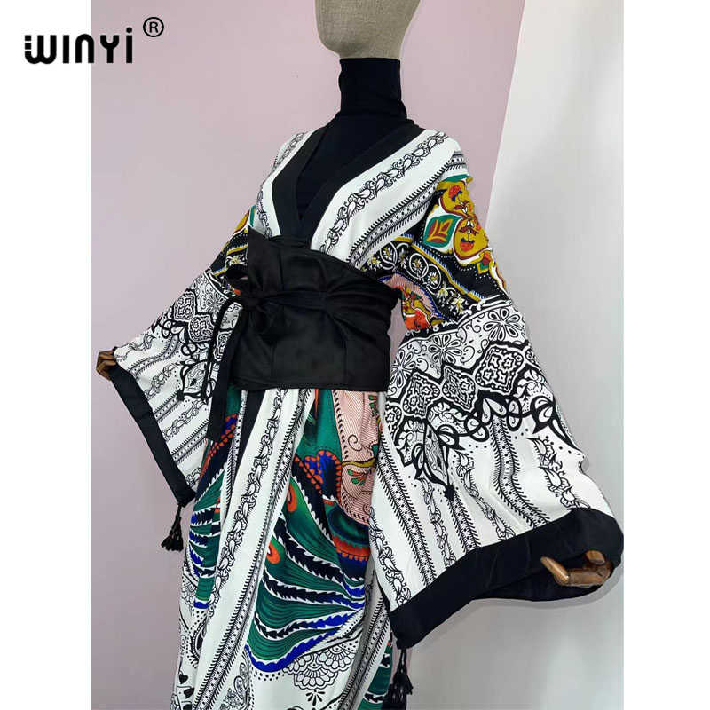 WINYI 2022 Robe chemise mi-longue pour femmes, style kimono, mode vintage, imprimé floral totem, ceinture à la taille, manches longues, décontractée, coupe ajustée, vestidos