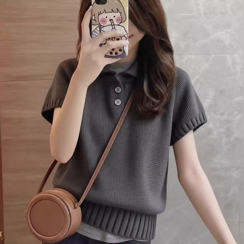 T-shirt en tricot uni vintage pour femme, col rabattu boutonné, manches courtes, pull tendance été, style Y2K