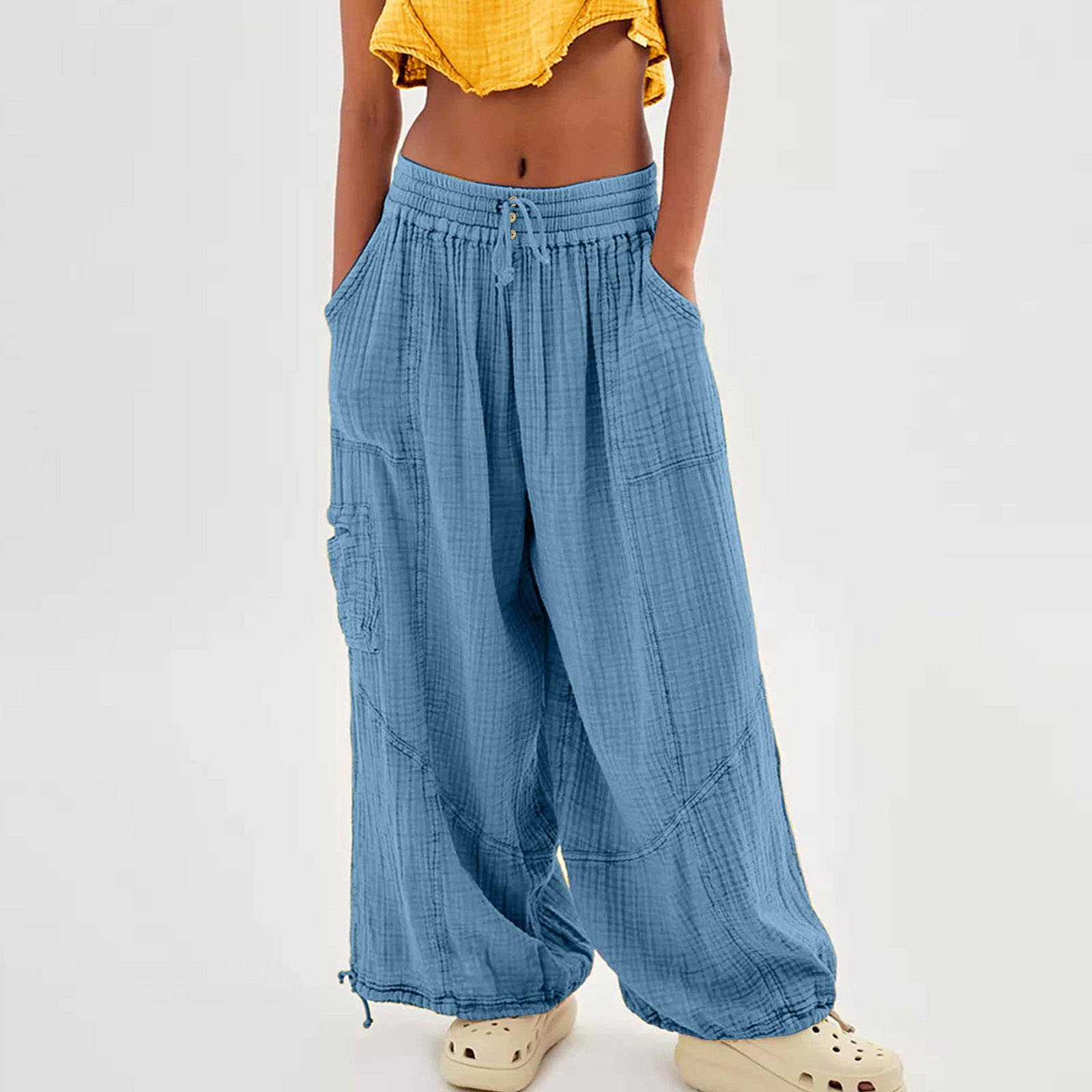 Pantalon de Plage en Lin pour Femme, Sarouel à Jambes Larges, Taille Haute, lèvent de Proximité, Wstring, Grande Taille avec Poche