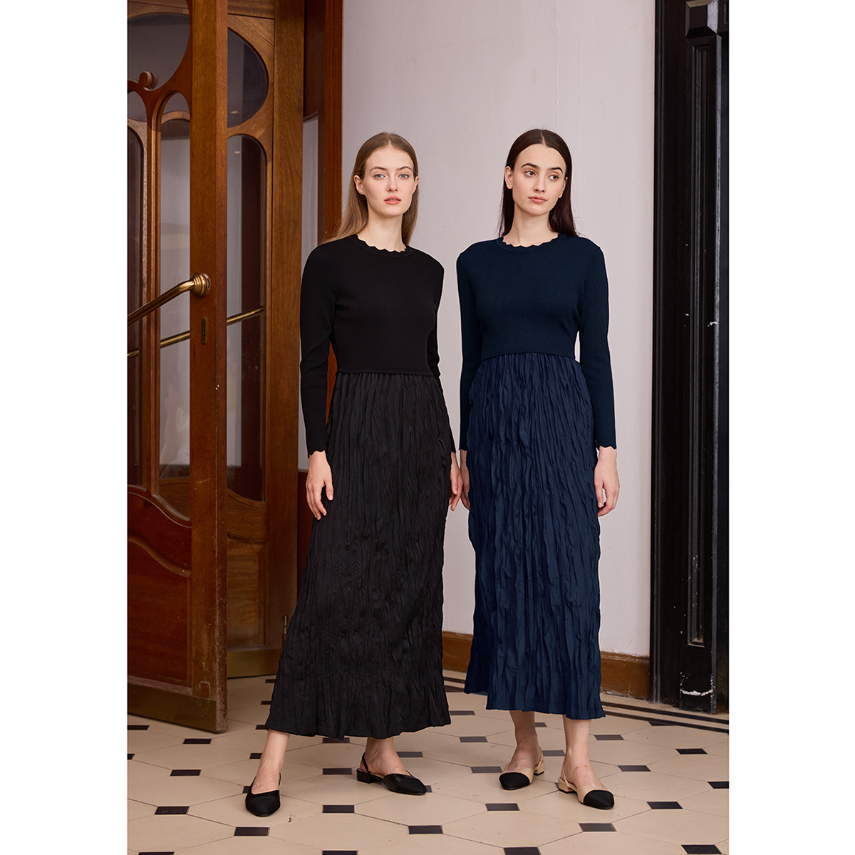 AP 2026 femmes automne et hiver robe froissé tricot Patchwork élégant dame robe Maxi