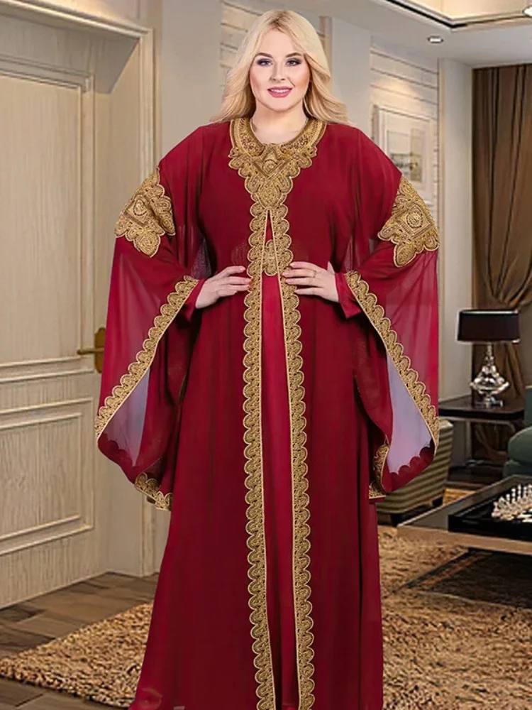 Abaya-Robes de soirée pour femmes, caftan musulman, manches évasées, robe brodée en dentelle dorée, trempée Jalabiya, Ramadan, ensemble de 2 pièces