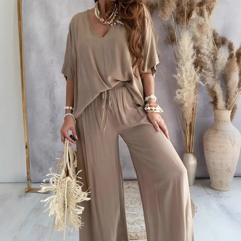 Ensembles amples 2 pièces pour femmes en promotion : Chemisiers à col en V et manches courtes & Pantalons de plage taille haute à jambes larges NMD-3032