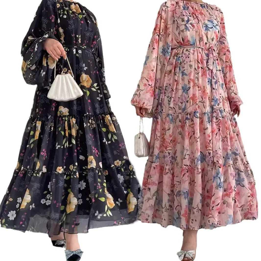 Abaya, robe indienne décontractée pour femmes musulmanes Robe longue en mousseline de soie pour femmes, vêtements arabes, marocains, à la mode, ceinturée, élégante