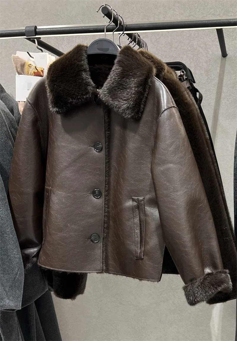 Veste femme 2025 automne/hiver nouveautés marron foncé à manches longues en simili cuir veste réversible élégante et Unique