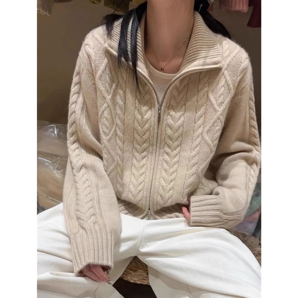 Cardigan 100% cachemire pour femmes, col haut, pull ample et doux pour l'automne et l'hiver, pull tricoté en laine, manteau épais