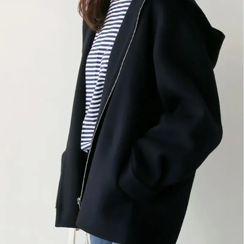 Manteau en laine à capuche pour femme, nouvelle Version édition coréenne, ample, couleur unie, mode décontractée, veste en laine, Streetwear Y2k, automne hiver