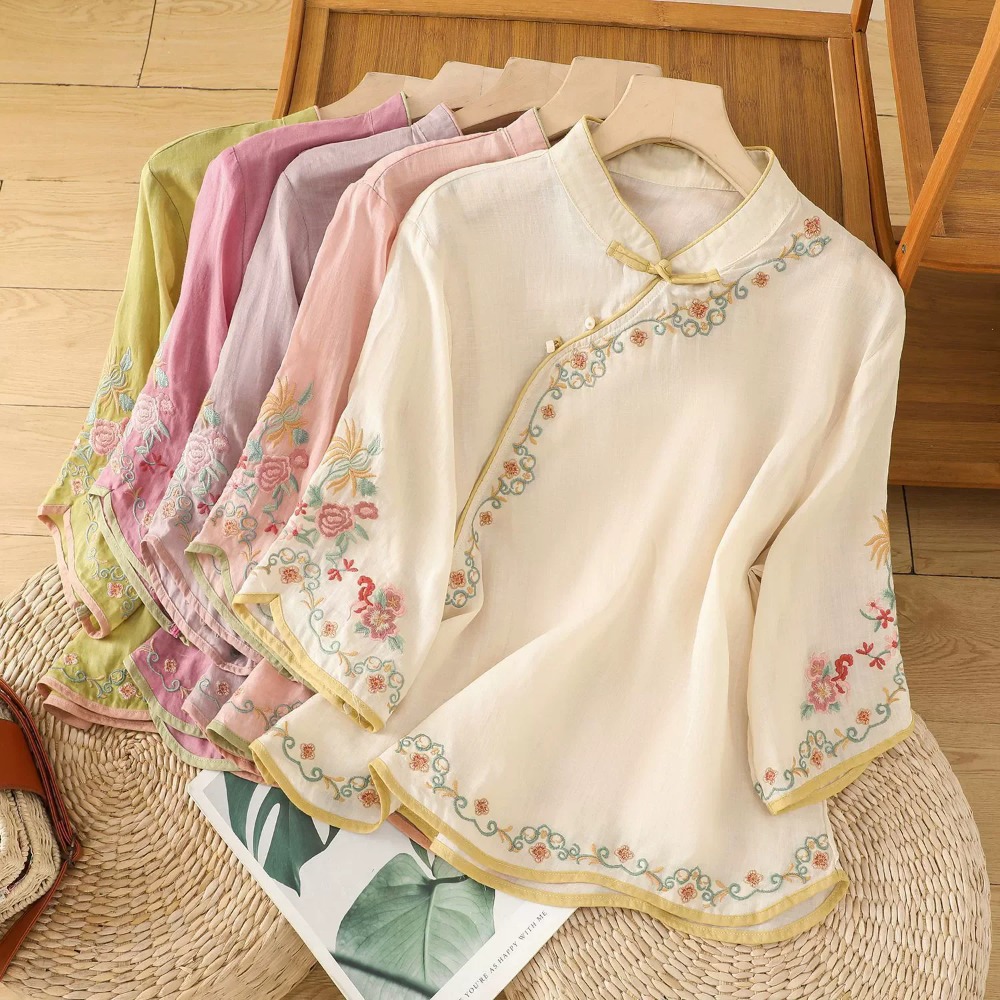 Décontracté ample Blouse chemise femmes vêtements été coton lin dames hauts t-shirt Blusas Vintage broderie femme chemise Camiseta Mujer
