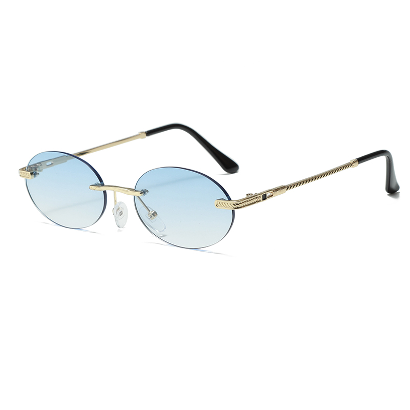 Lunettes de soleil ovales à la mode, petites nuances sans bords, marque de luxe de styliste pour femmes et hommes, lunettes de soleil en métal bleu, haute qualité, UV400