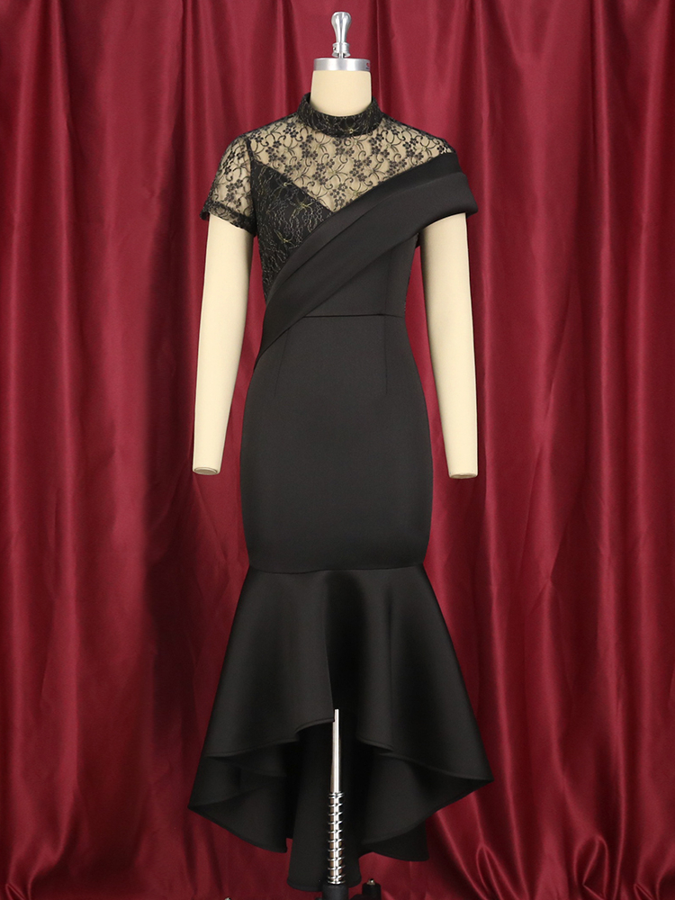 Robe de soirée élégante à col haut pour femme, vêtements sexy, couture en dentelle, queue de poisson, coupe couvertes, noir, grande taille, célébrité, maxi