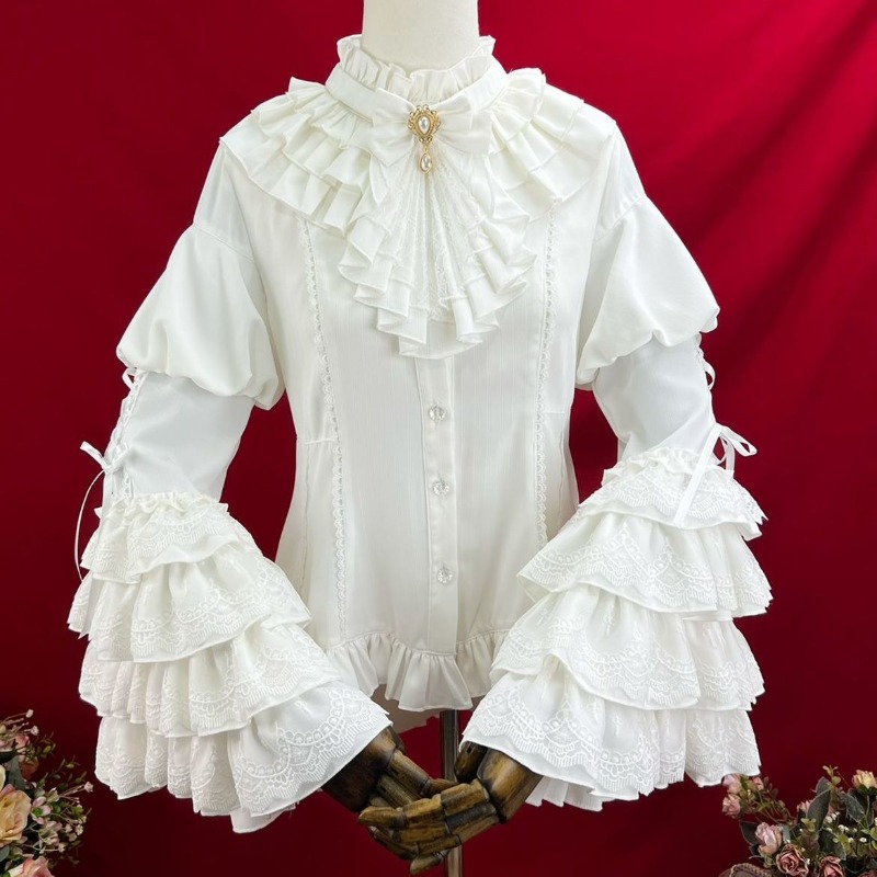 Ensemble Gothique Femme : Chemise Évasée à Manches Longues avec Jabot et Volants, Jupe, Style Rococo Baroque Lolita, Dentelle, Taille Cintrée, Costume Victorien