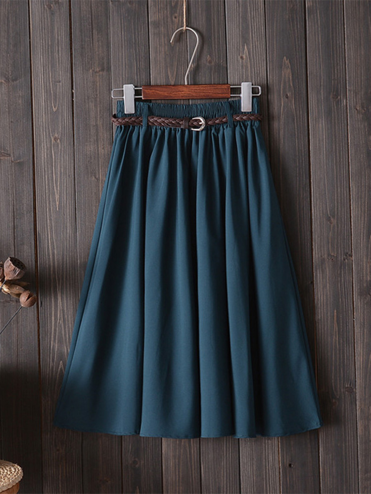 Midi genou longueur jupe d'été femmes avec ceinture mode coréenne dames taille haute plissée a-ligne jupe d'école femme