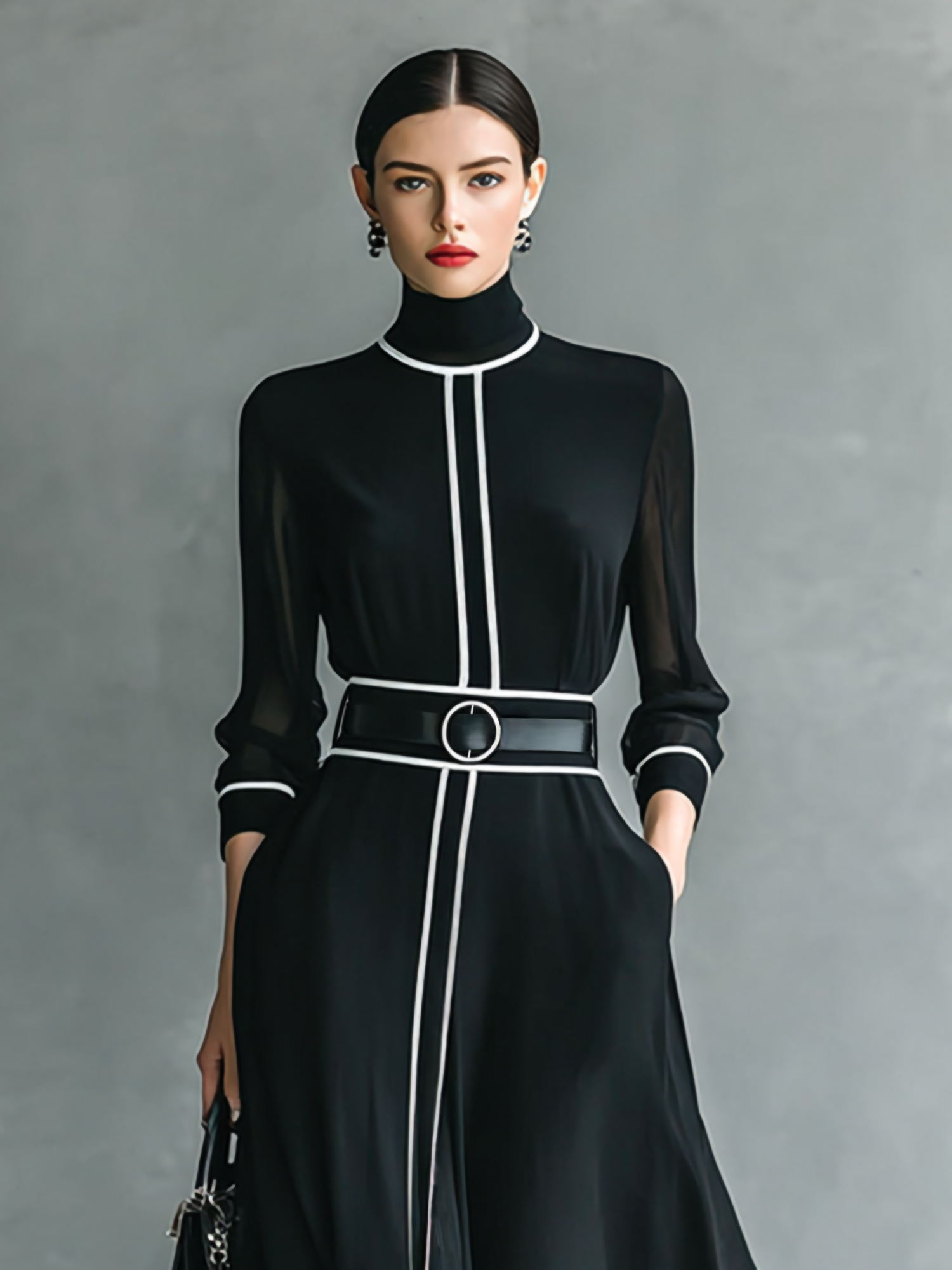 Robe longue élégante en mousseline de soie, col montant, manches longues avec bordure blanche, idéale pour le bureau, les affaires, les banquets et les soirées
