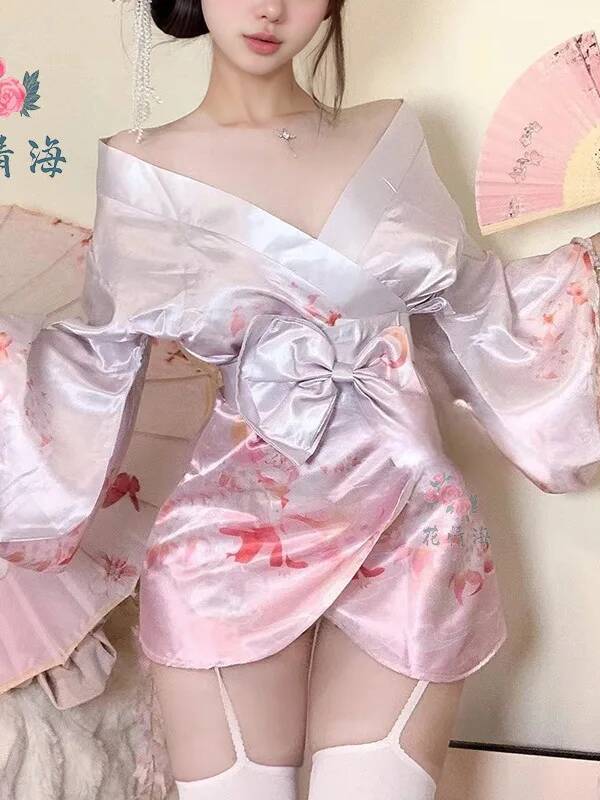 Kimono élégant de Style japonais, Sexy, décolleté en V profond, imprimé Floral, peignoir pour Couple, vêtements de nuit érotiques, robe à nœud, pur désir charmant 0LRL