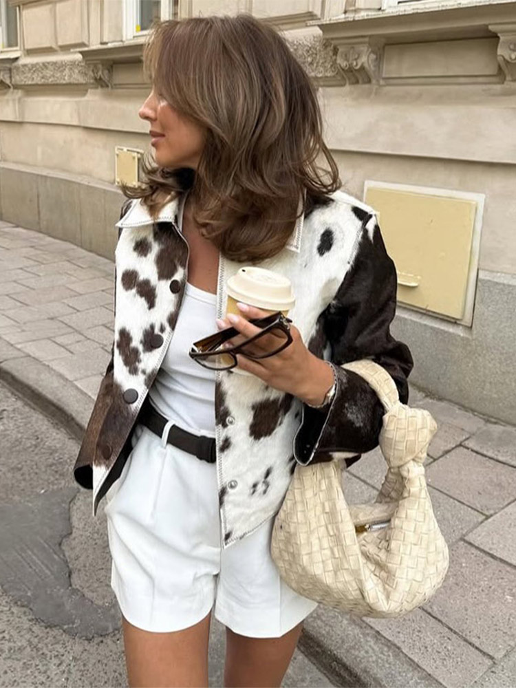 Rue léopard femmes veste courte élégant revers fermetures éclair manches longues évasées vêtements d'extérieur pour femmes 2025 automne mode dame Streetwear