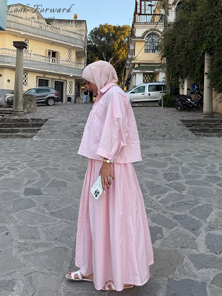 Chemise décontractée jupe longue costume femmes ample printemps été revers boutons poches Blouse jupes ensembles femme rose clair ensemble dame