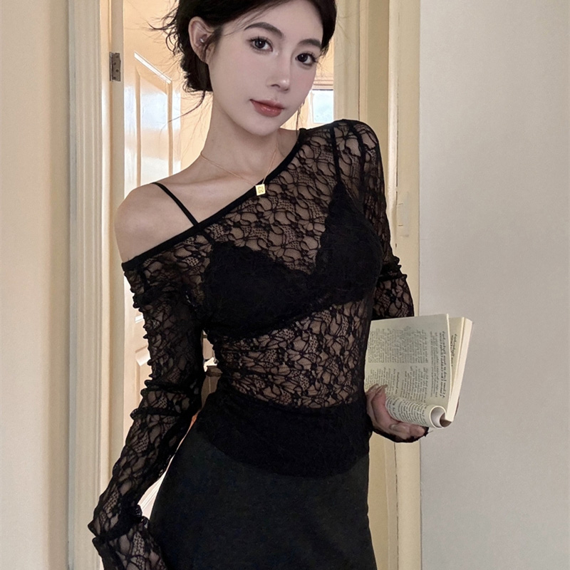 T-shirt court en résille à manches longues pour femmes, corset en dentelle polyvalent, vêtements de créateurs sexy, voir à travers la mode, t-shirts pour femmes, 2024