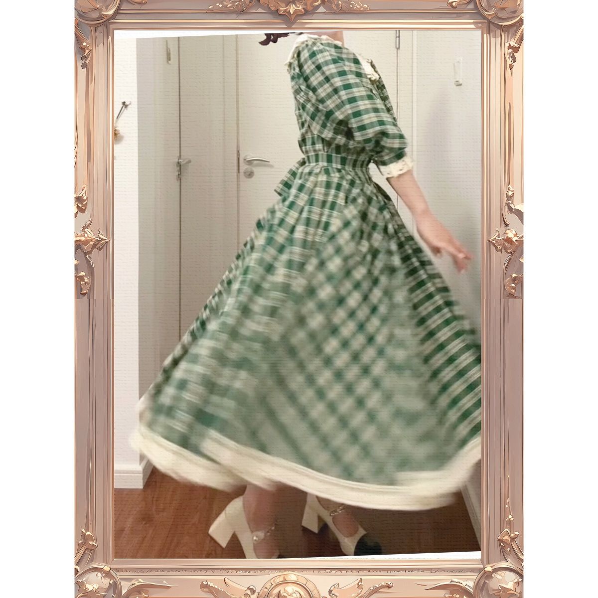 MAGOGO – robe longue plissée en dentelle pour femmes, taille Maxi, Style français rétro vert, élégante, bulle, manches courtes, amincissante, Plaid, été