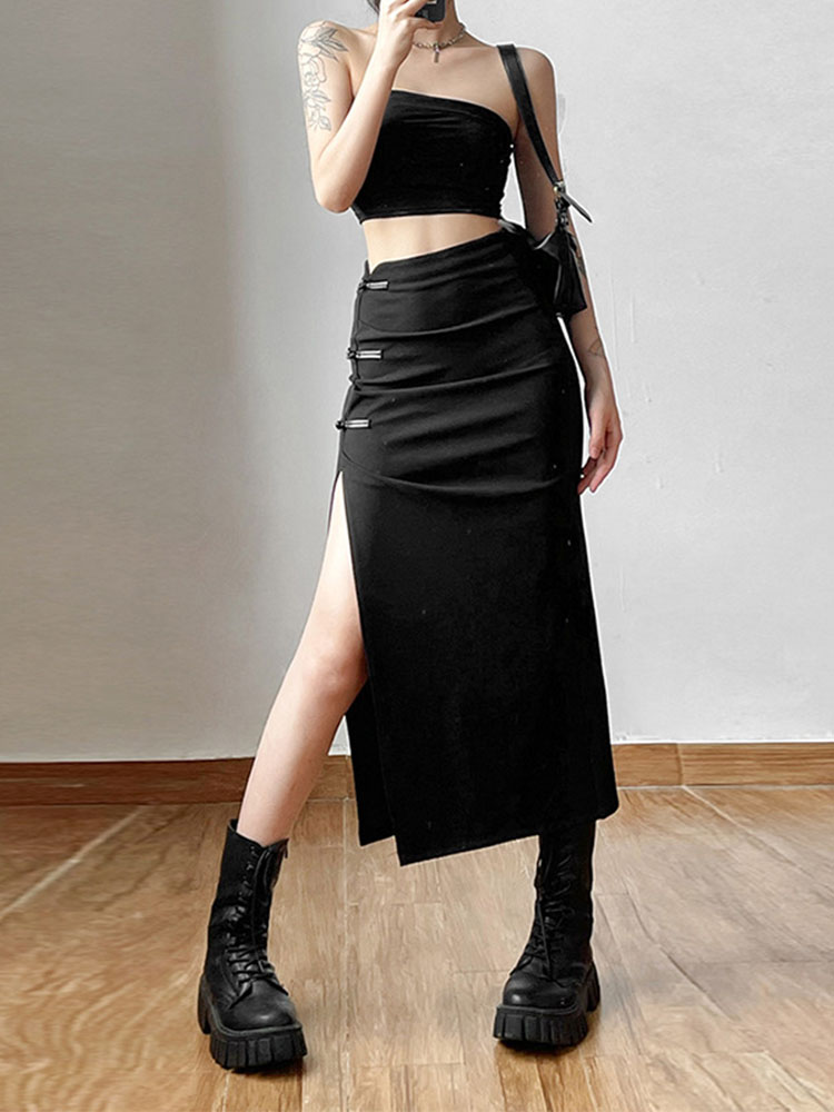 Jupe noire Sexy fendue, Simple, décontractée, assortie avec tout, pour sortie de rue, Cool, Mature, vitalité, personnalité, tendance, jupe basique pour femmes