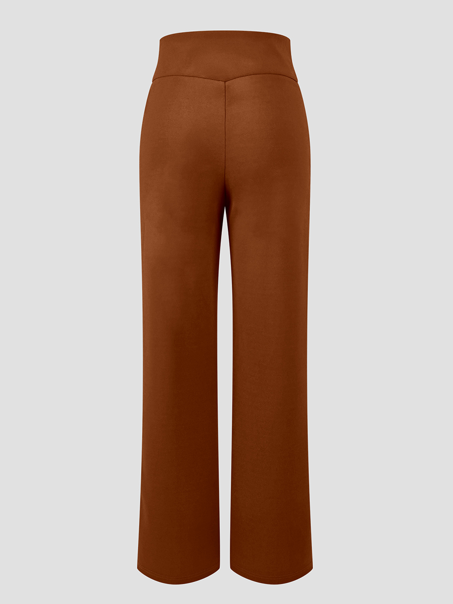 Pantalon large à taille haute pour femmes, style vintage, couleur marron unie, élégant, pour le bureau, avec anneau métallique, pantalon long décontracté pour l'automne.